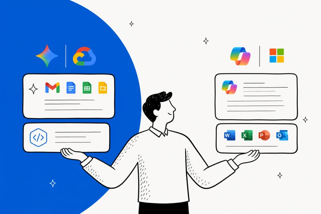 Illustrated banner comparing Google's Gemini AI ecosystem with Microsoft Copilot