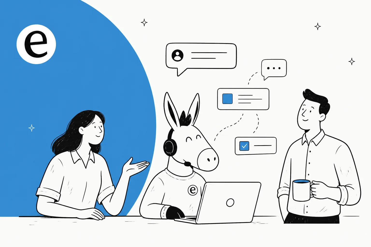 Illustration of an AI support teammate handling B2B SaaS conversations between two customers