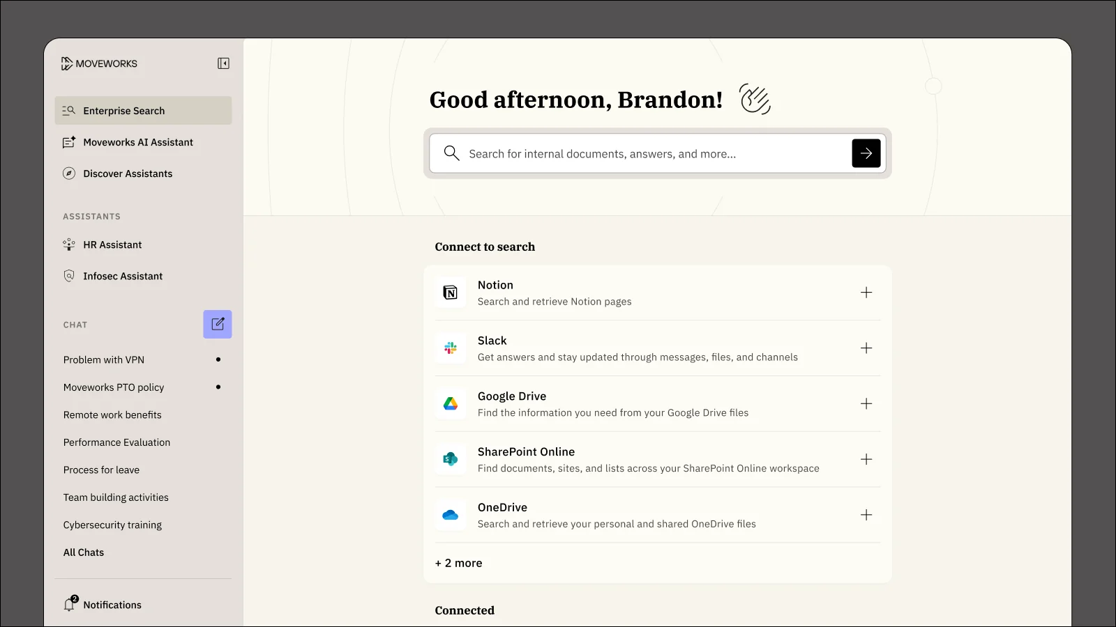 The Moveworks enterprise search home screen showing connect-to-search options for Notion, Slack, Google Drive, SharePoint, and OneDrive, as taken from the Moveworks AI Assistant page