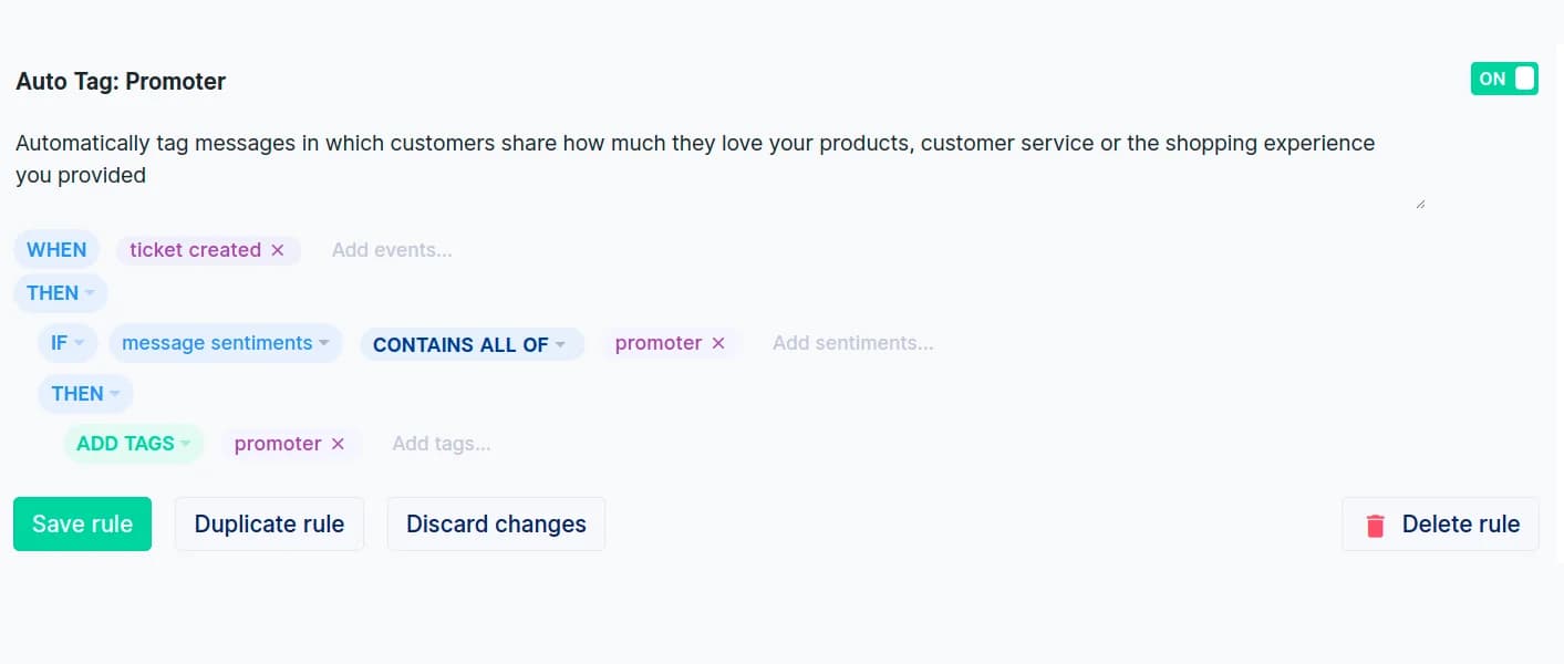 A Gorgias auto-tag rule: when a ticket is created, if message sentiment contains "promoter", add the "promoter" tag, as shown in Gorgias's changelog