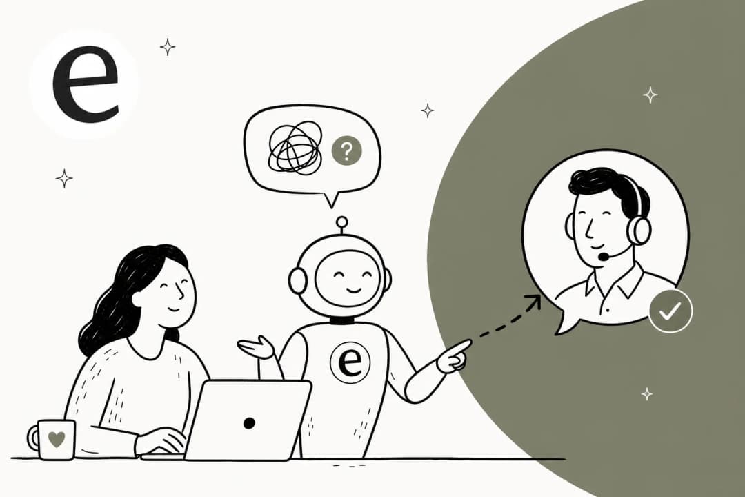 Hand-drawn editorial illustration showing an AI chat conversation handing off cleanly to a human agent