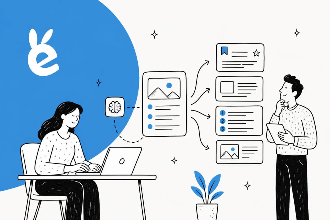 Illustration of criteria and first-hand evidence being fed into an AI tool that drafts a best-of listicle with a comparison table