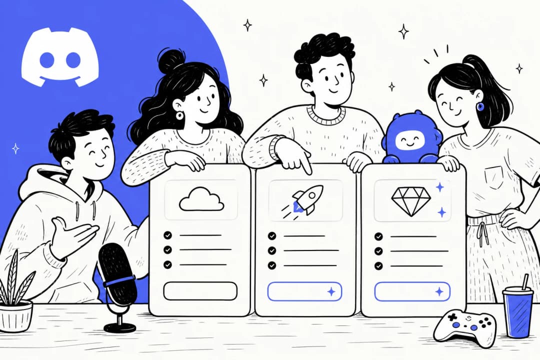 Editorial illustration showing Discord's pricing tiers on an off-white background with olive accents