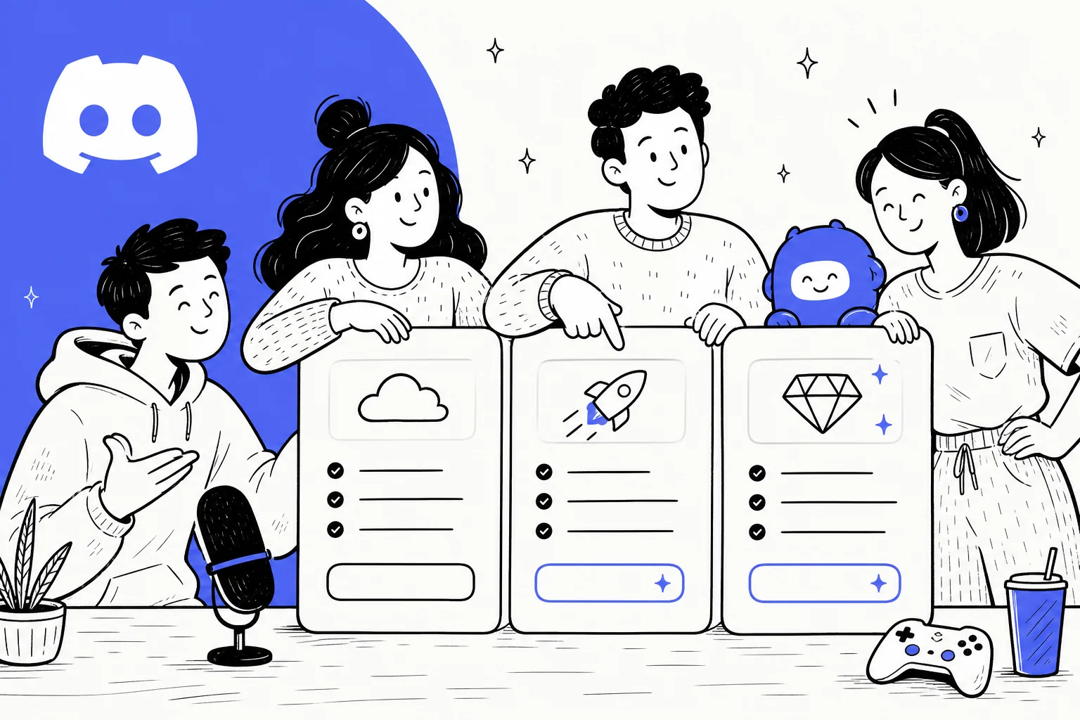 Editorial illustration showing Discord's pricing tiers on an off-white background with olive accents