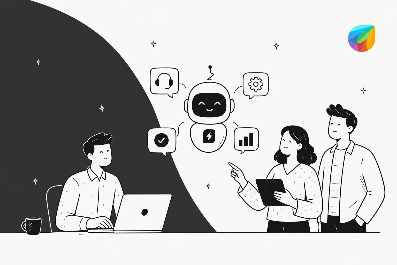 Illustration of an AI agent answering IT support questions inside a service desk