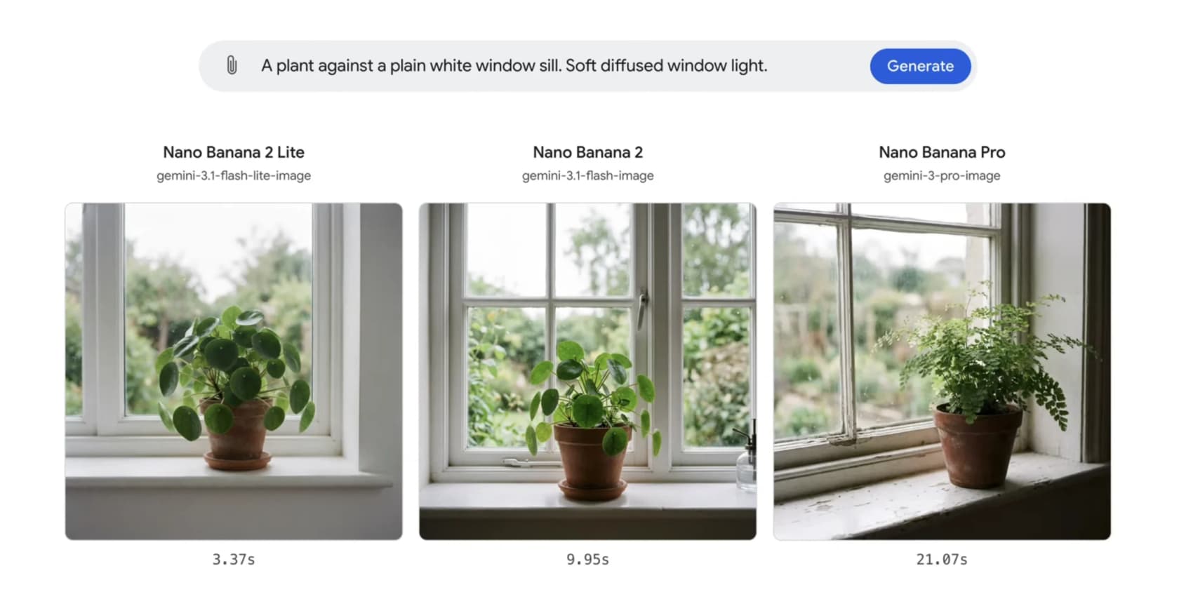 Real product UI screenshot showing a plant on a windowsill generated by Nano Banana 2 Lite in 3.37 seconds, Nano Banana 2 in 9.95 seconds, and Nano Banana Pro in 21.07 seconds from the same prompt, as taken from Google Cloud's blog