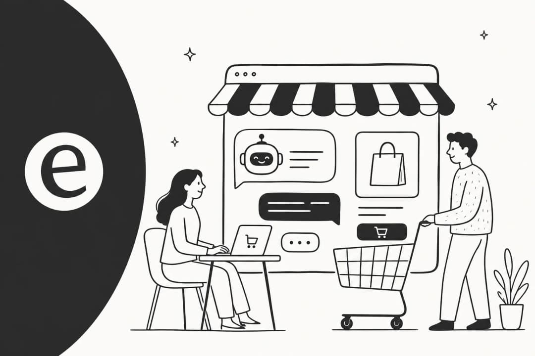 Editorial illustration of Shopify chatbot apps, with chat bubbles floating over a stylised storefront and shopping cart