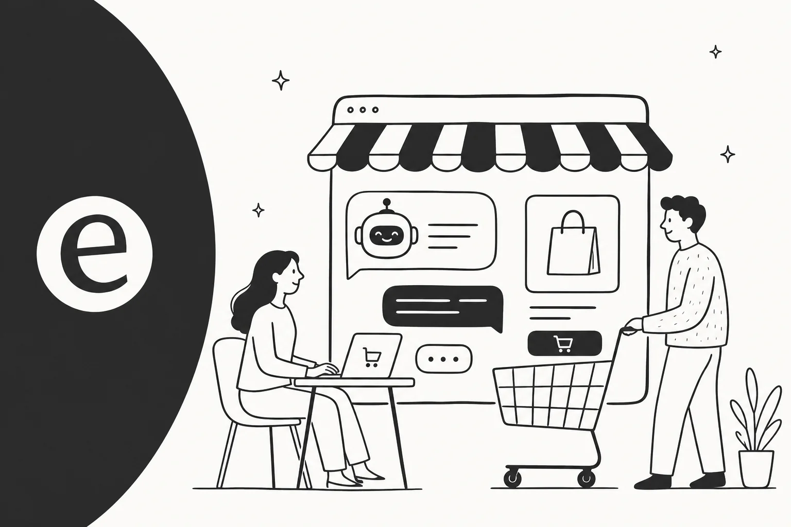 Editorial illustration of Shopify chatbot apps, with chat bubbles floating over a stylised storefront and shopping cart