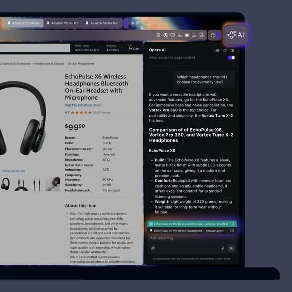 Opera AI showing a contextual product comparison for wireless headphones, as taken from Opera