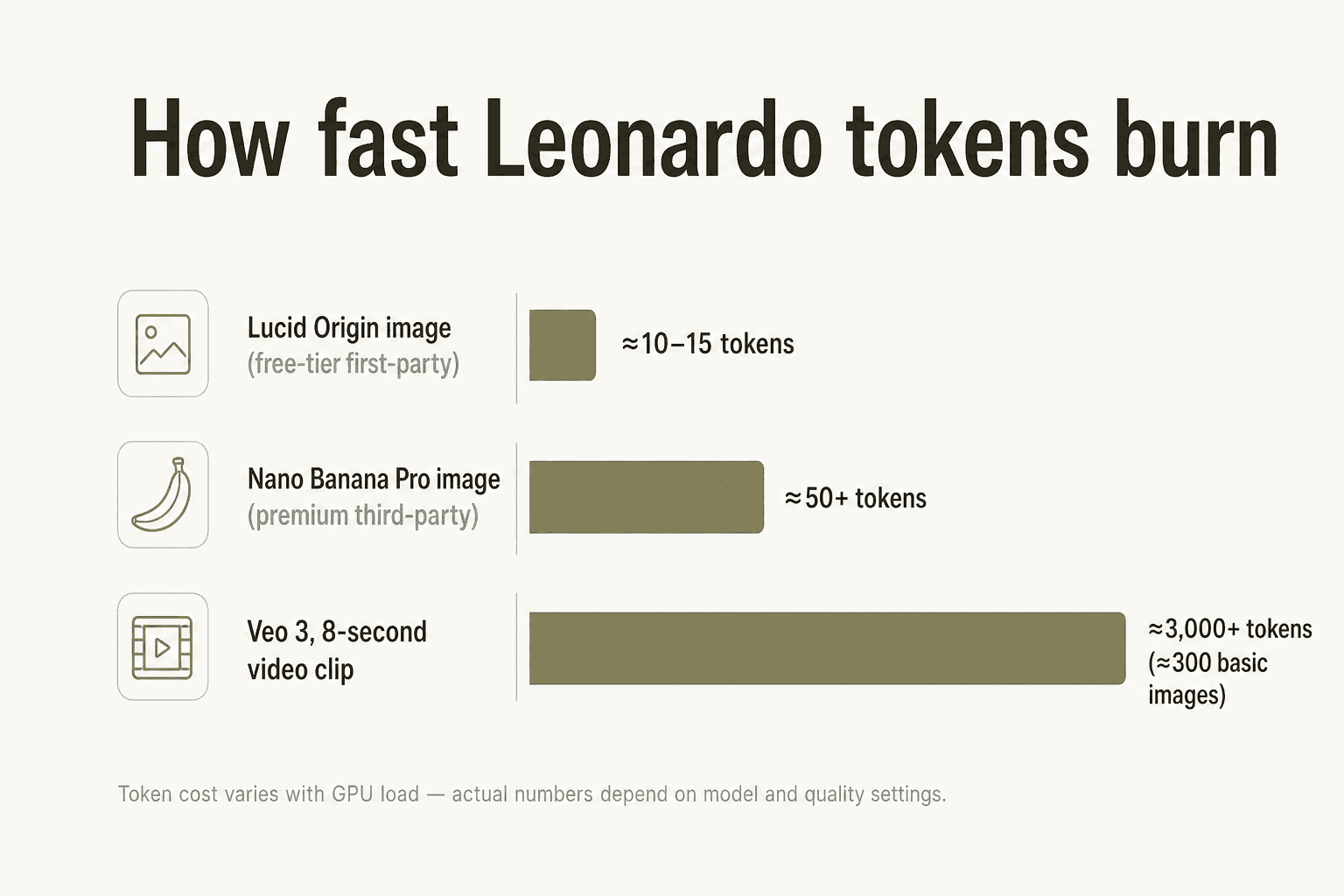 Bar chart comparing Leonardo.AI token cost for one image on Lucid Origin, one image on Nano Banana Pro, and an 8-second Veo 3 video clip