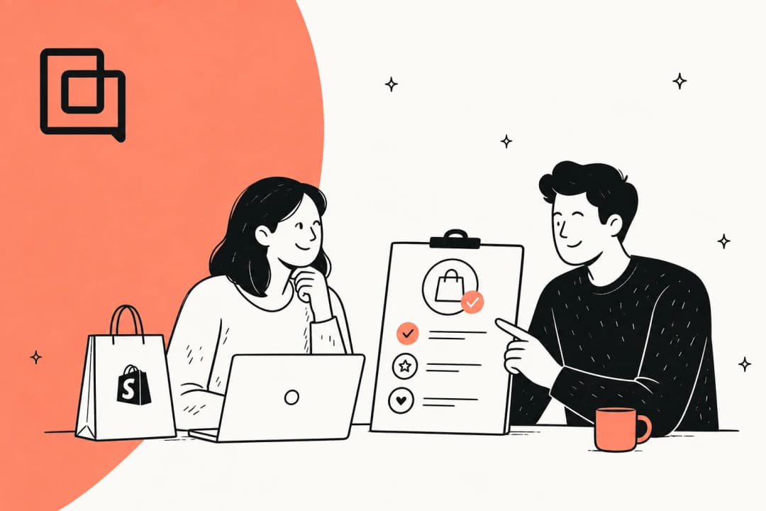 Two people reviewing a Gorgias AI evaluation checklist next to a Shopify shopping bag and a laptop
