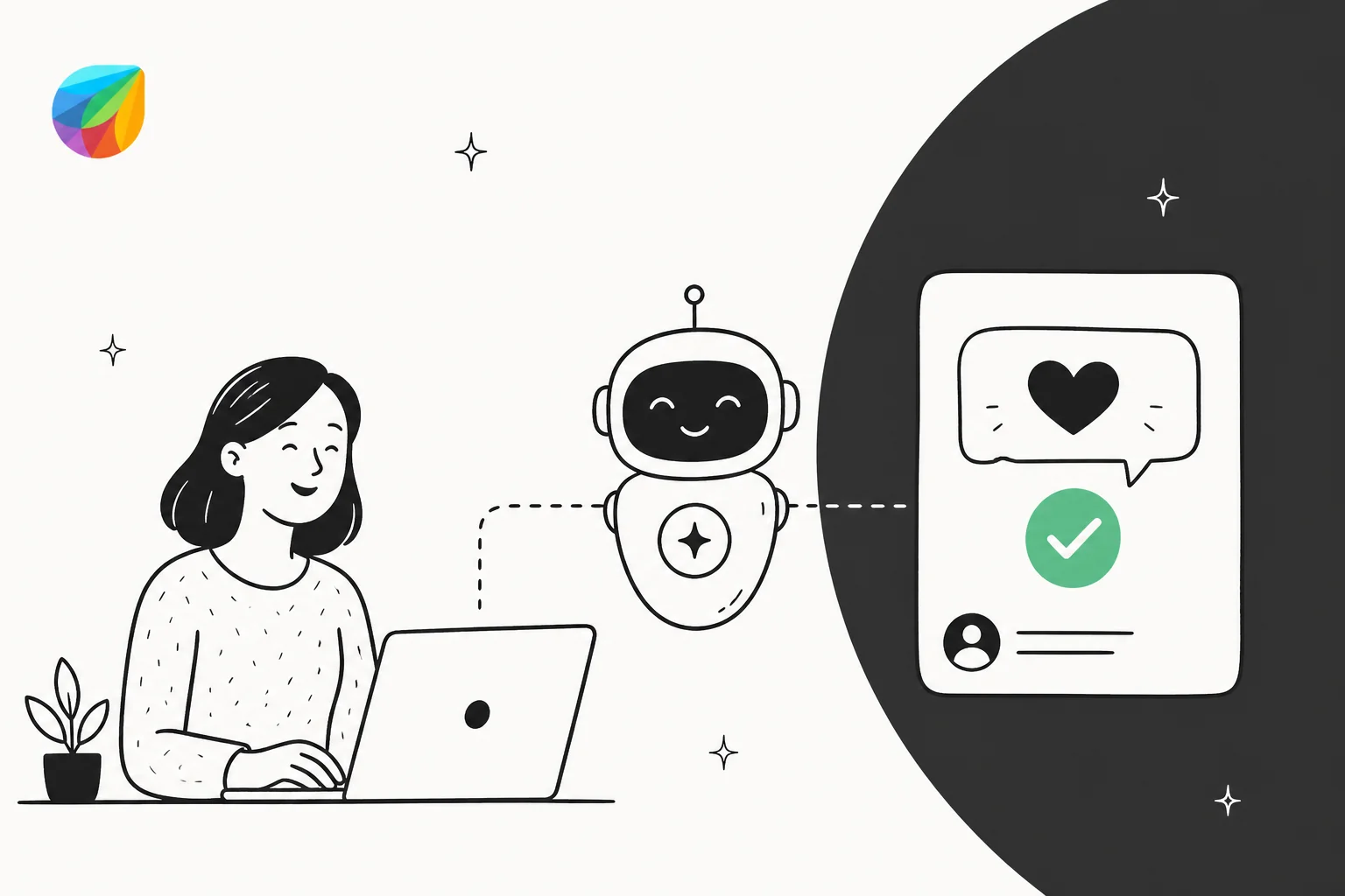 Illustration of an AI detecting a customer thank-you message so a resolved support ticket stays closed