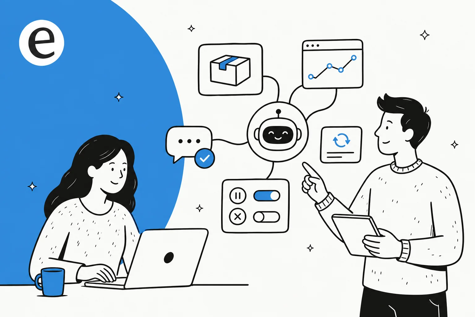 Illustration of AI handling subscription support: billing, pause, cancel, and renewal flows