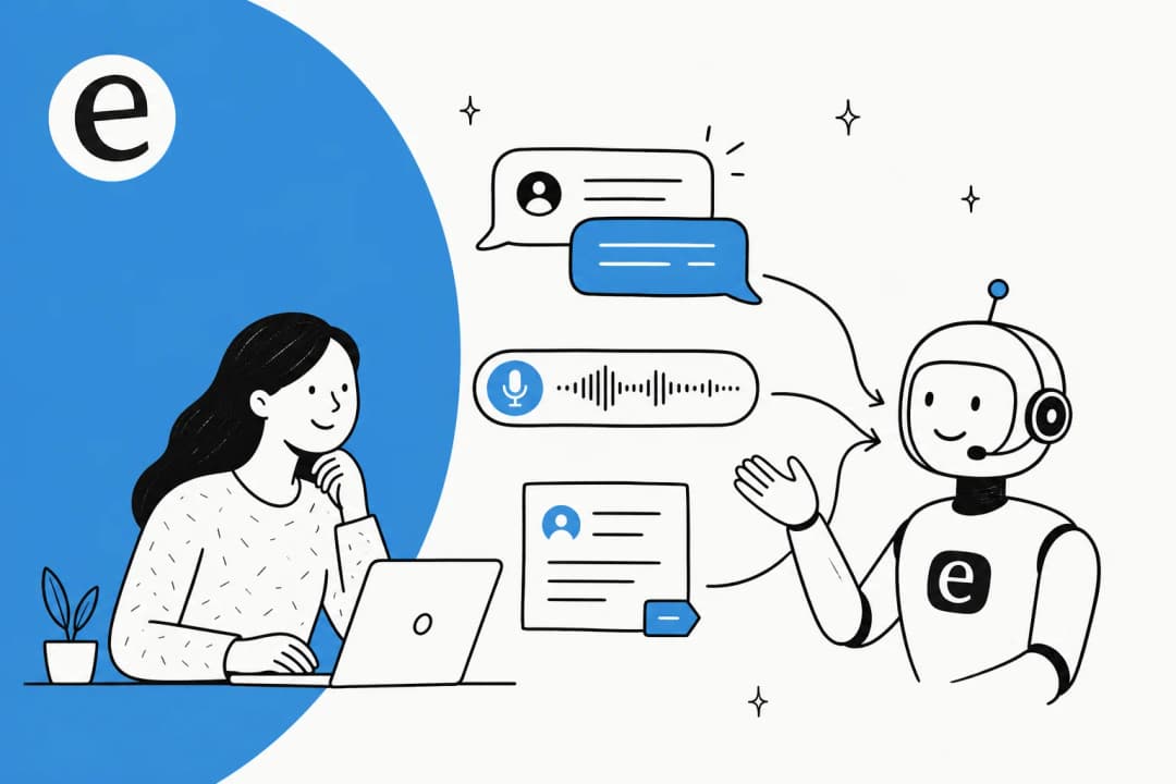Illustration of chat bubbles, a voice waveform, and a support ticket flowing into an AI assistant
