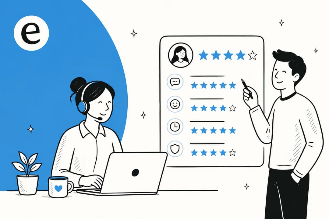 Illustrated hero banner for a customer service performance review examples guide, with a review scorecard and star ratings