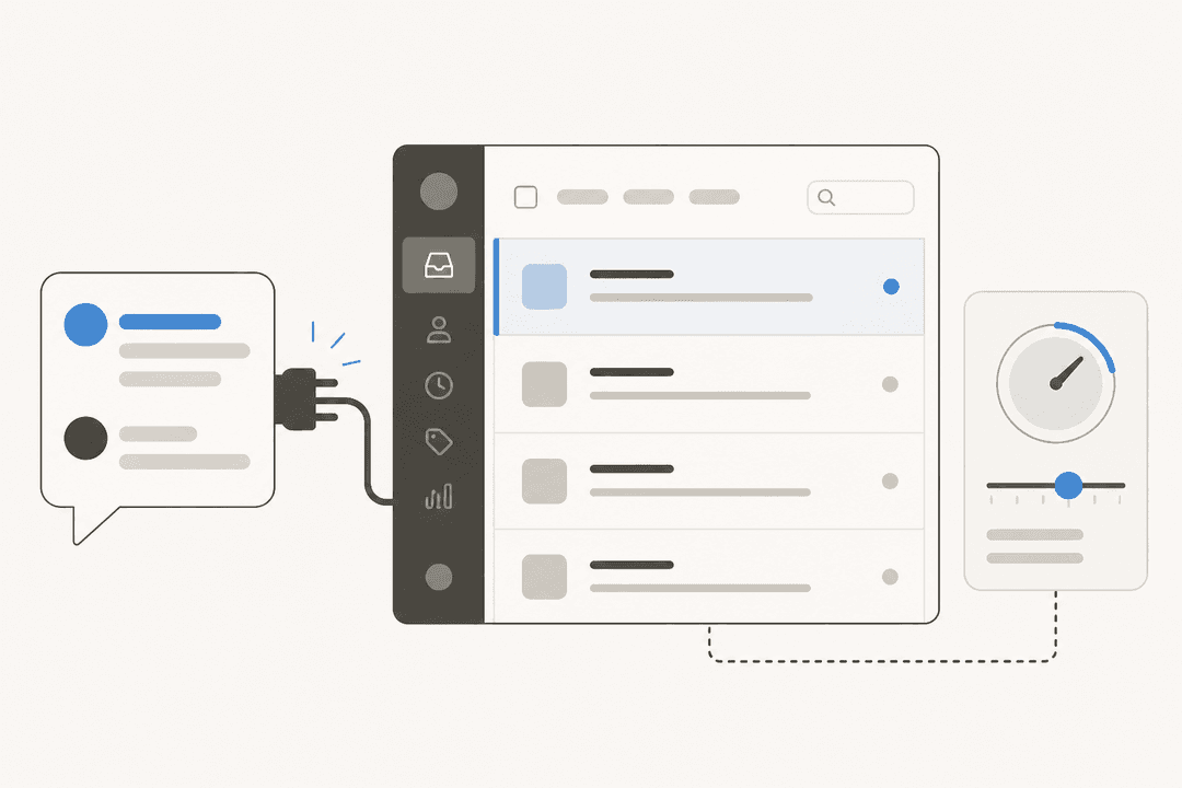 Illustration of a conversational AI chat bubble being plugged into a support inbox with a gradual roll-out dial