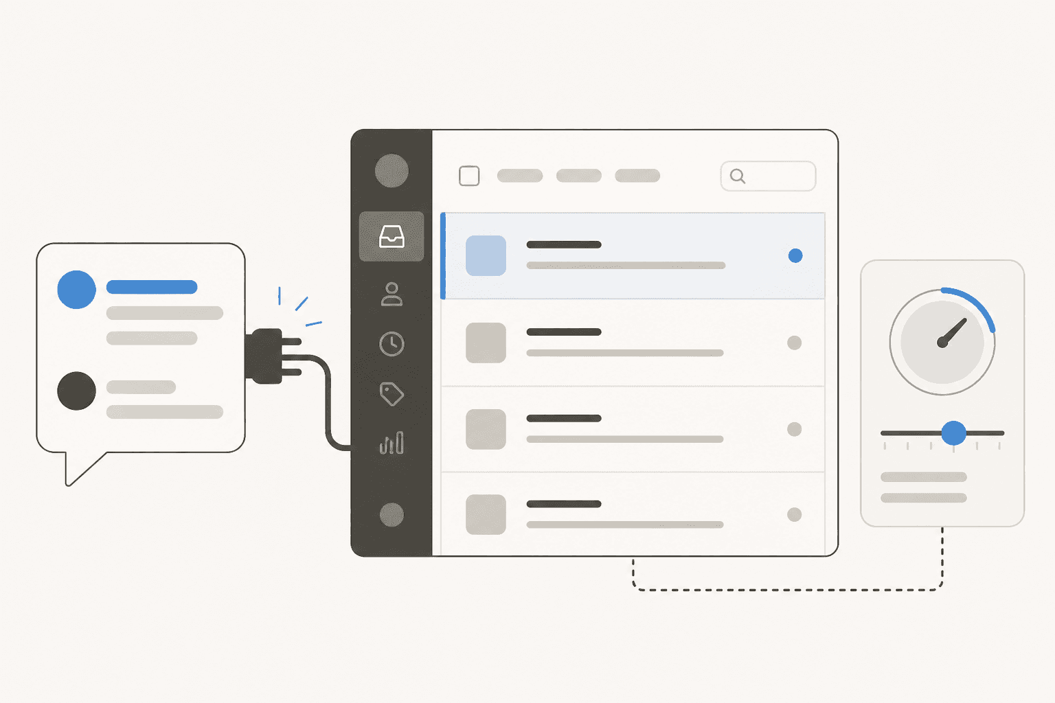 Illustration of a conversational AI chat bubble being plugged into a support inbox with a gradual roll-out dial