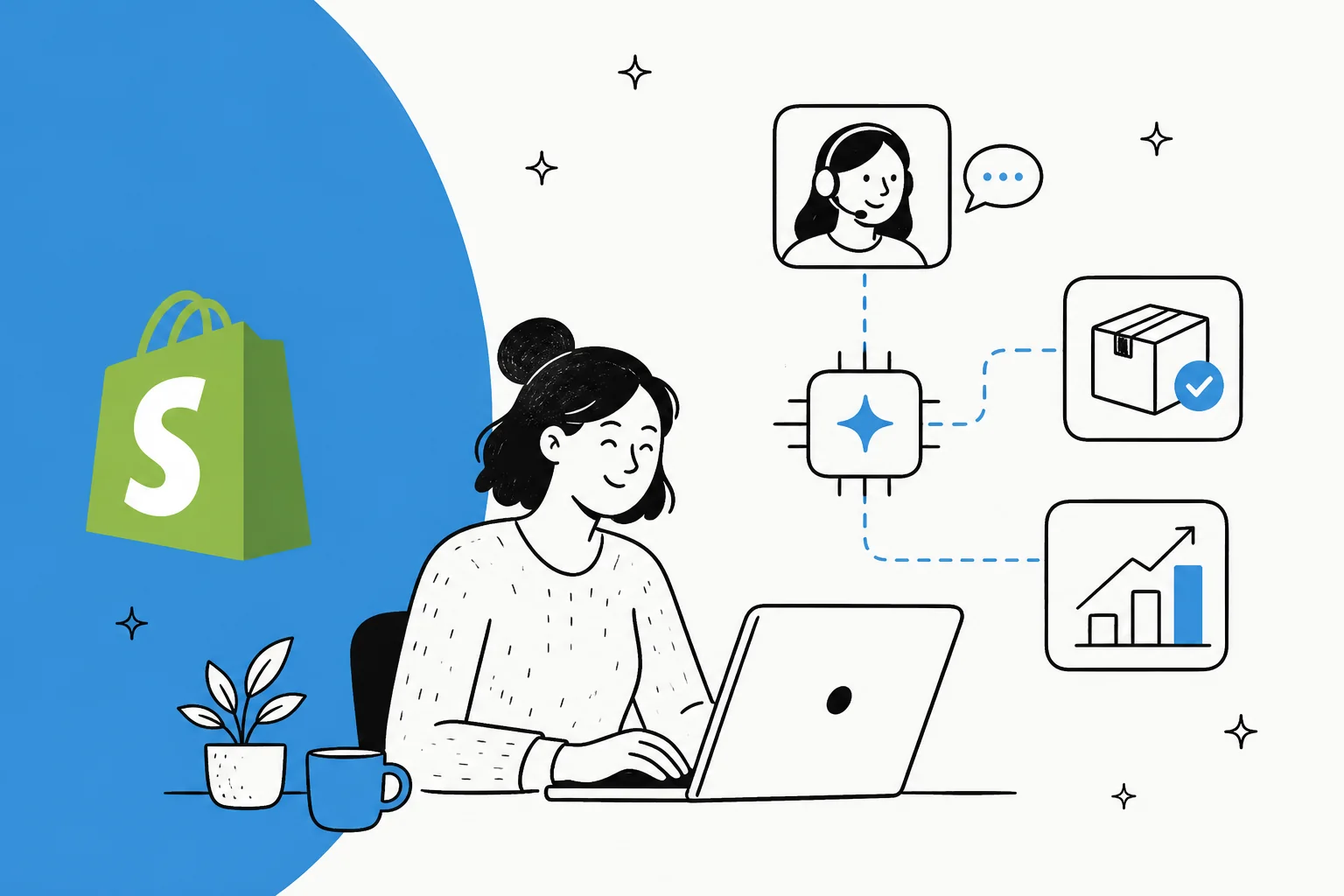 Illustration of a Shopify merchant at a laptop with an AI agent routing to support, orders, and sales
