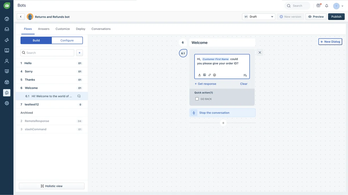 Freshchat's bot builder showing a Returns and Refunds bot flow being configured, as taken from Freshworks