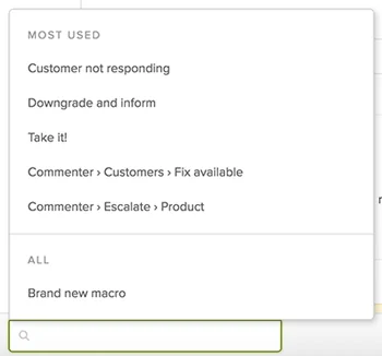 The Zendesk apply-macro menu showing a most-used list and nested category paths with a search box, as shown in Zendesk's documentation