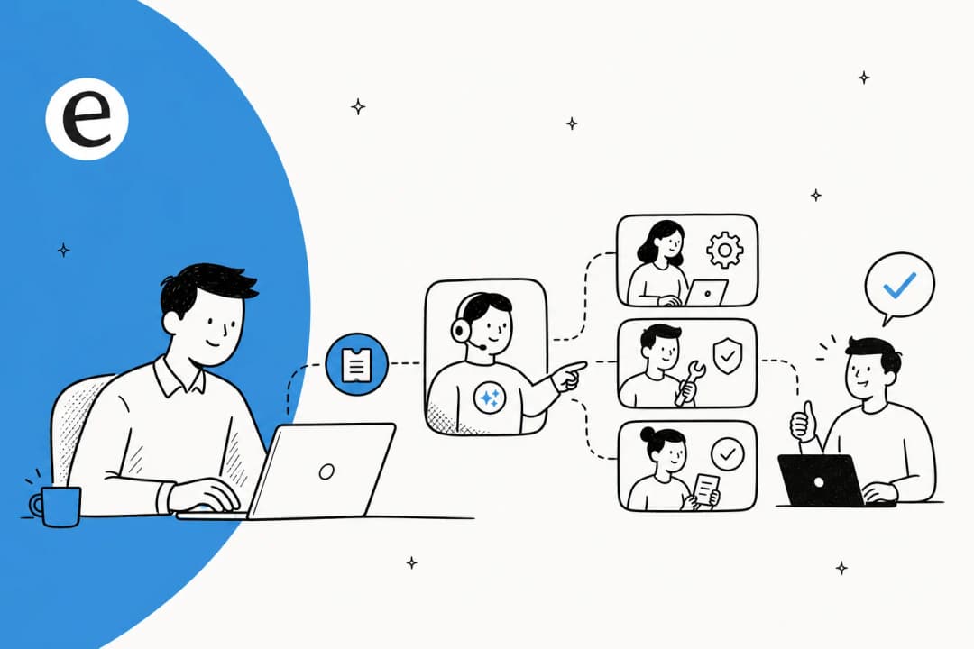 Illustration of an AI agent resolving internal IT tickets across a service desk