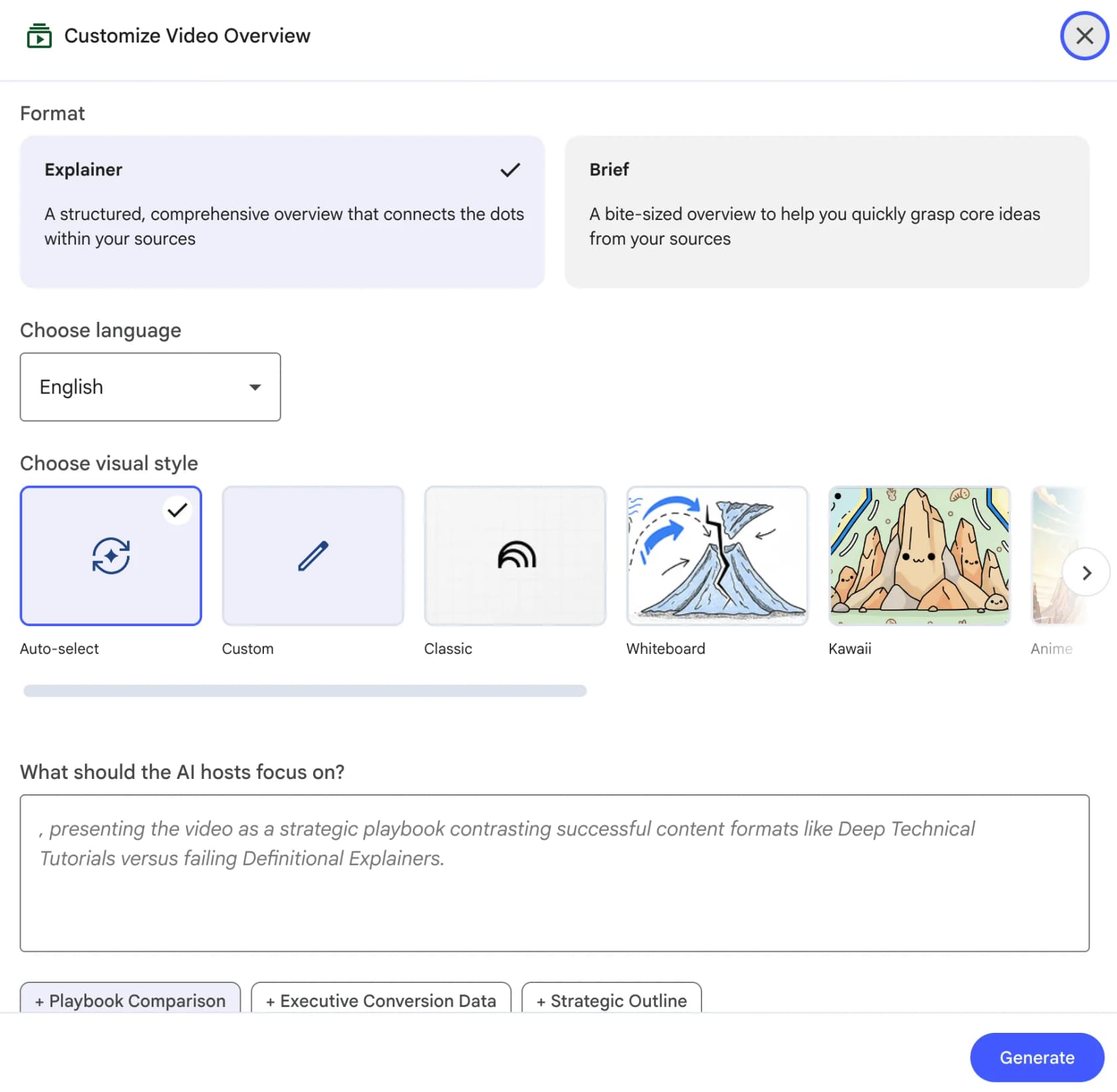 NotebookLM's Customize Video Overview panel, showing a format toggle, language selector, visual-style options and a prompt box for what the AI hosts should focus on