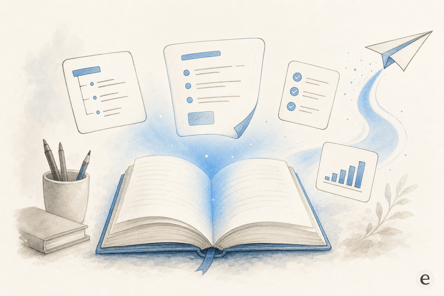 A painterly editorial illustration of an open notebook with floating outline and SEO icons, signalling a search for the right blog writer beyond Writesonic.
