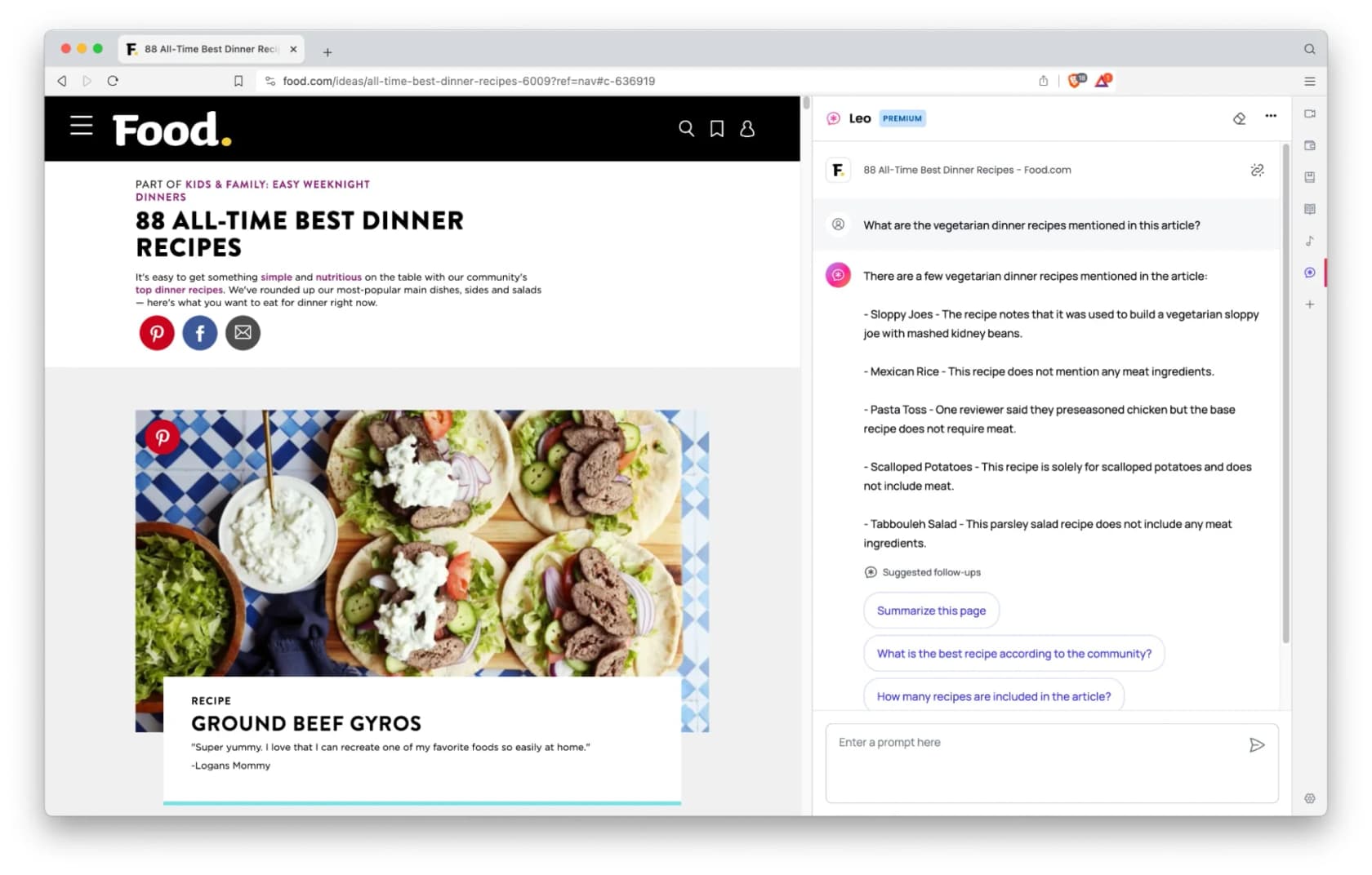 Brave Leo extracting vegetarian recipes from a food article - demonstrating contextual page understanding, as taken from Brave