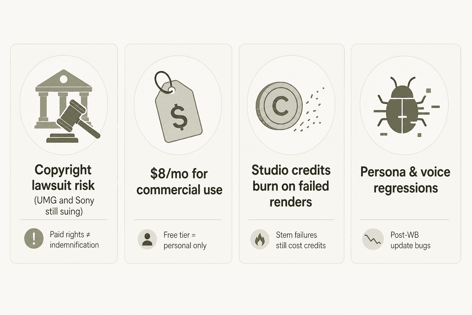 Four reasons people look for Suno alternatives: copyright risk, commercial pricing gate, Studio credit burn on failures, and persona regression bugs