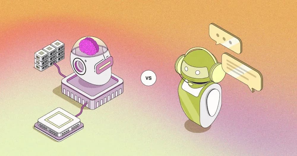 Isometric illustration contrasting an AI agent with a traditional chatbot, as taken from Sendbird