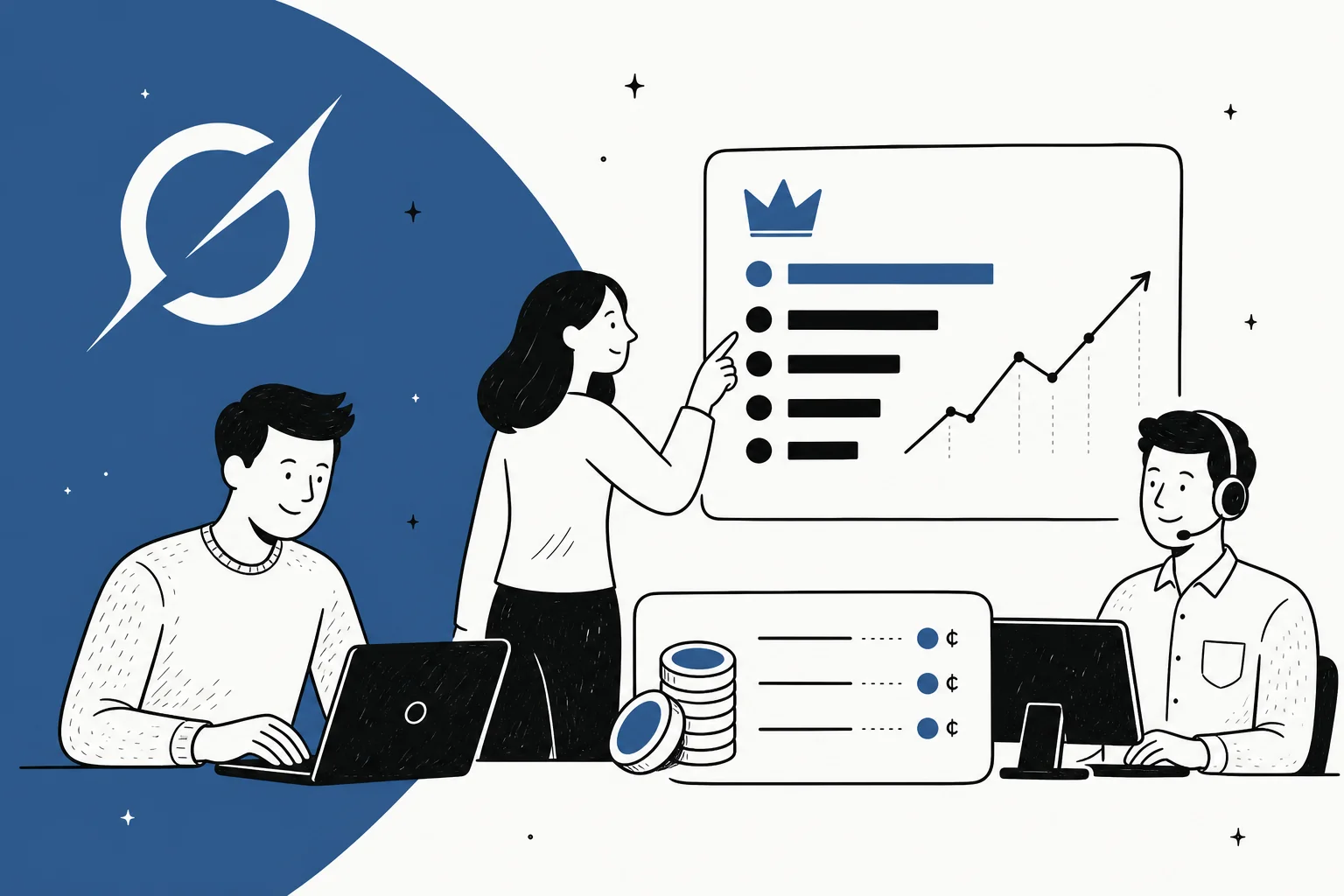 Hand-drawn illustration with the Grok logomark, a support agent, and benchmark and pricing panels