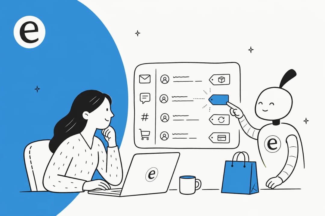 Illustration of an ecommerce support inbox with order, returns and refund tickets being tagged automatically