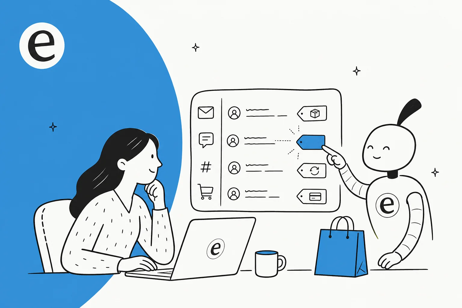 Illustration of an ecommerce support inbox with order, returns and refund tickets being tagged automatically