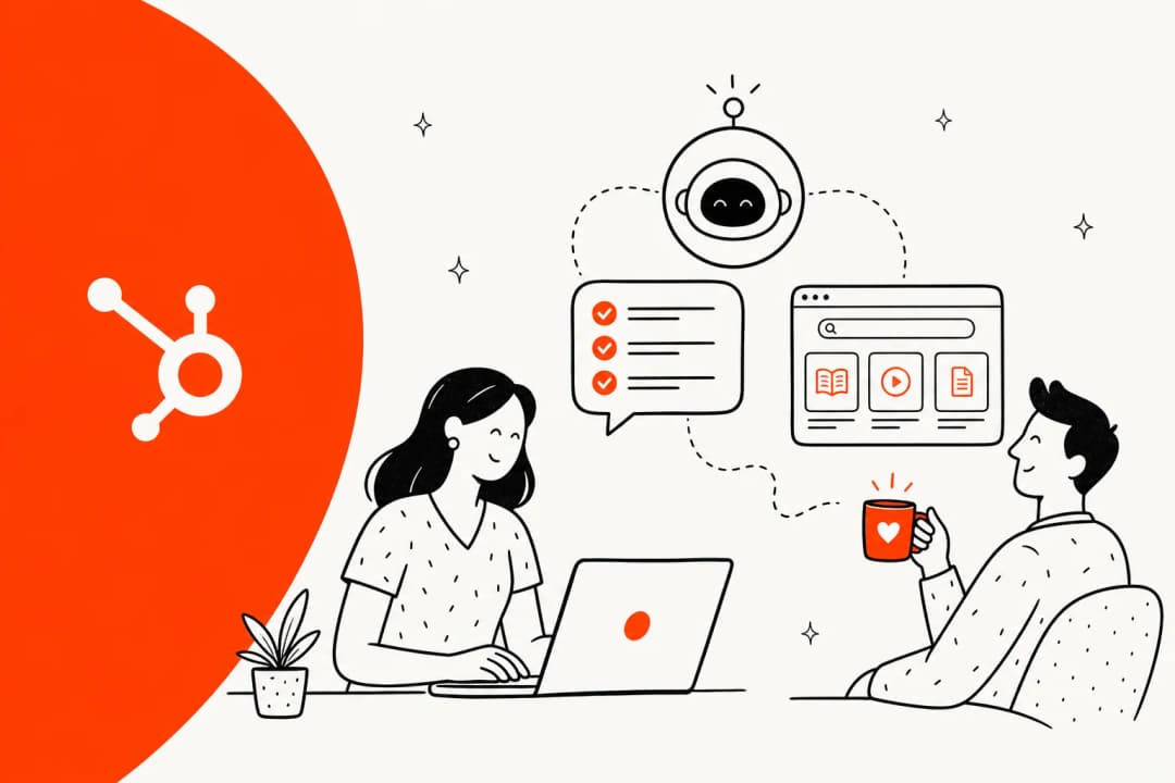 Illustration of a HubSpot support agent and a customer self-serving answers through a knowledge base and AI chat.