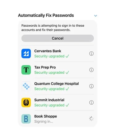 The Passwords app automatically fixing compromised passwords across several accounts, as taken from Apple