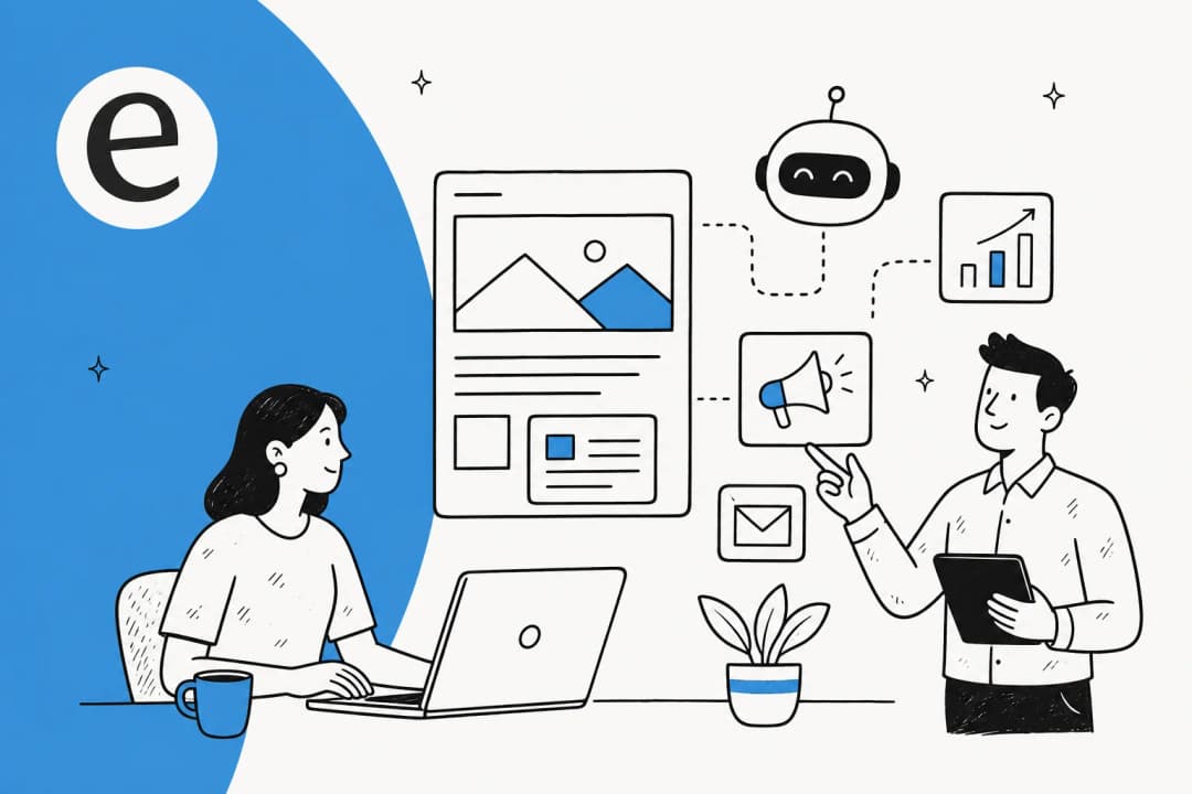 Illustration of a marketer and a writer building AI-assisted demand generation content with a blog post, megaphone, email and growth chart