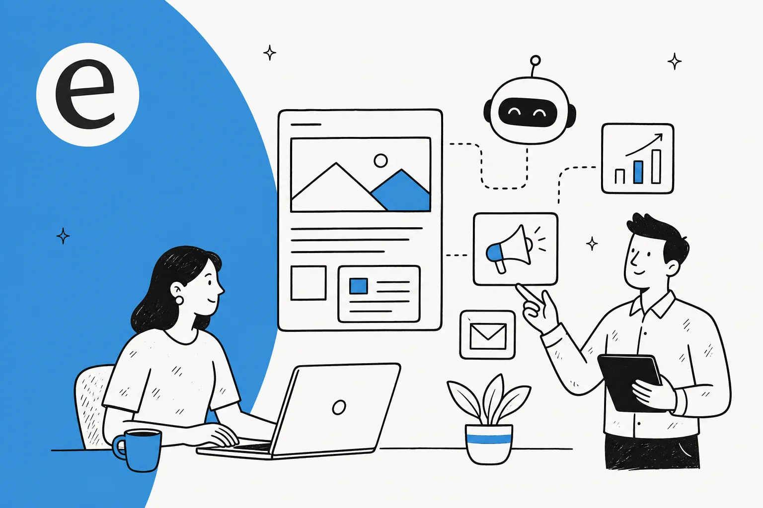 Illustration of a marketer and a writer building AI-assisted demand generation content with a blog post, megaphone, email and growth chart
