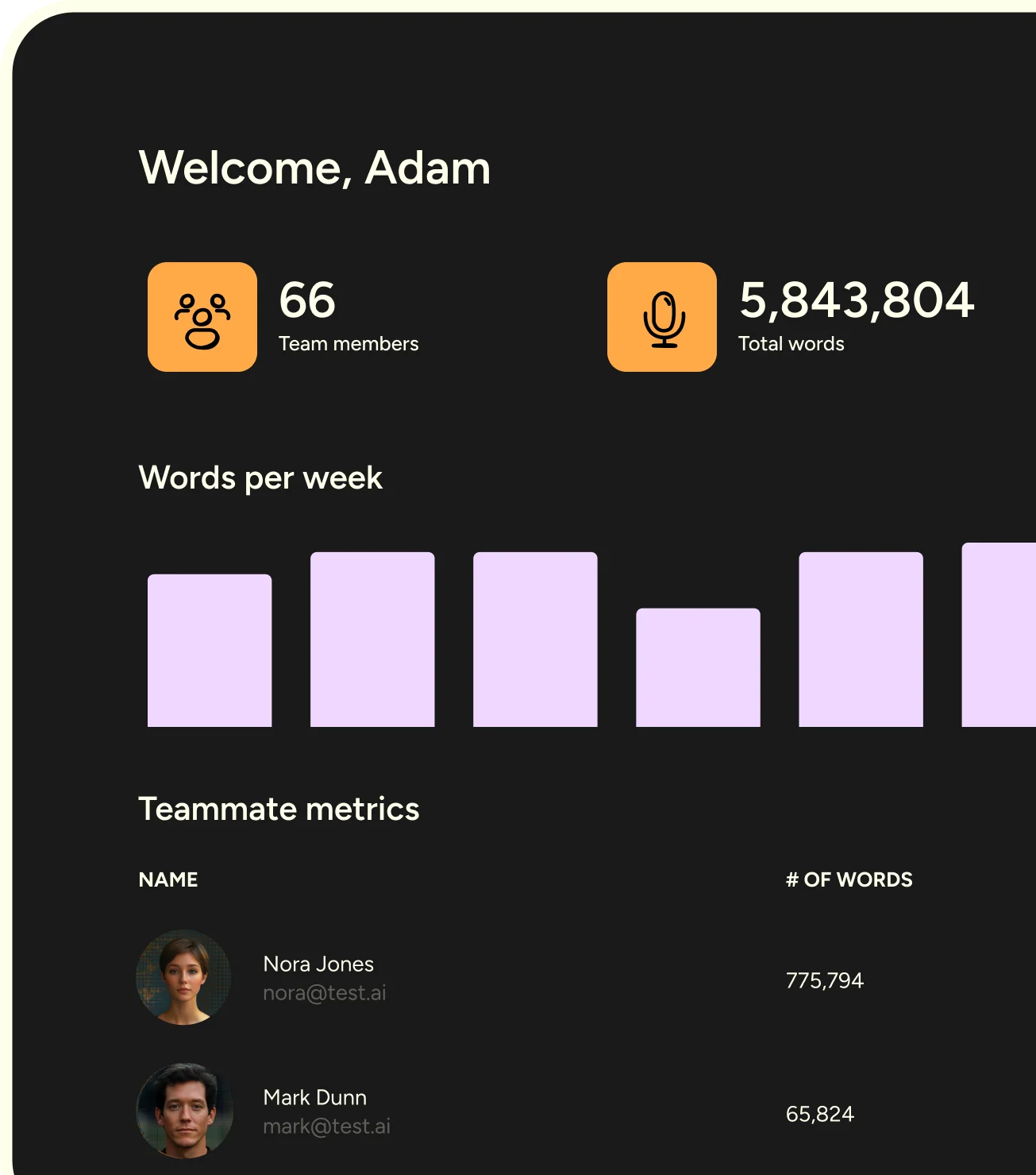 Wispr Flow usage dashboard showing 66 team members and 5,843,804 total words, as taken from Wispr Flow