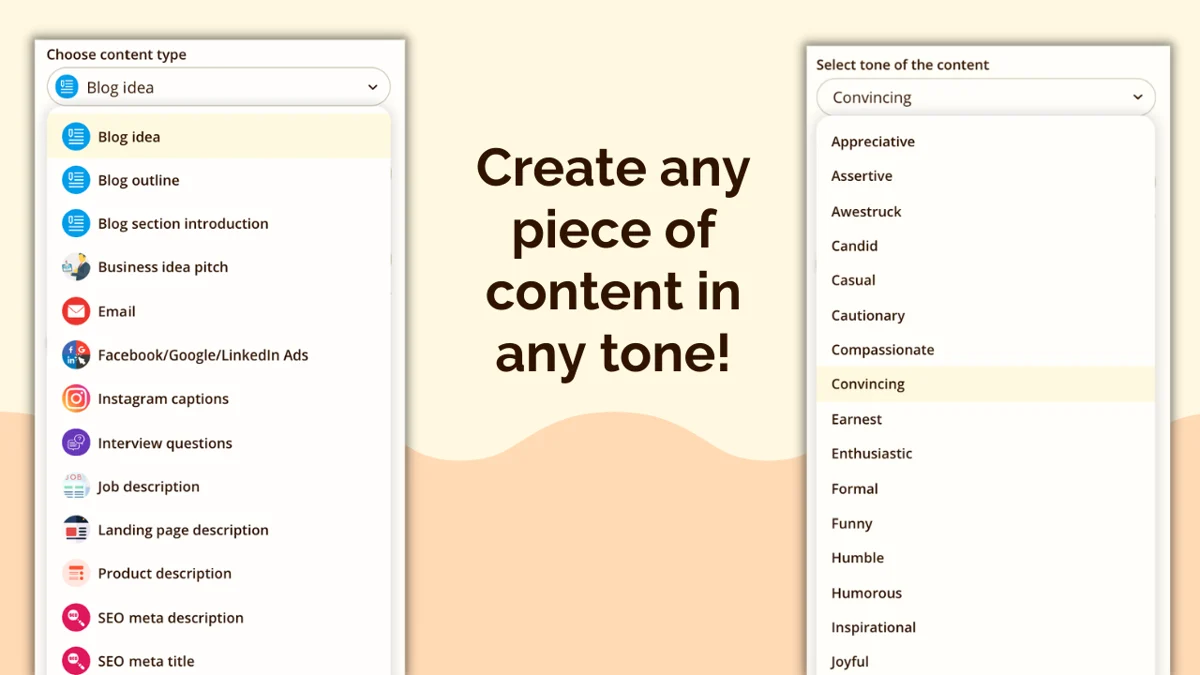 Rytr's content-type and tone selectors, including an Email template, as taken from Rytr