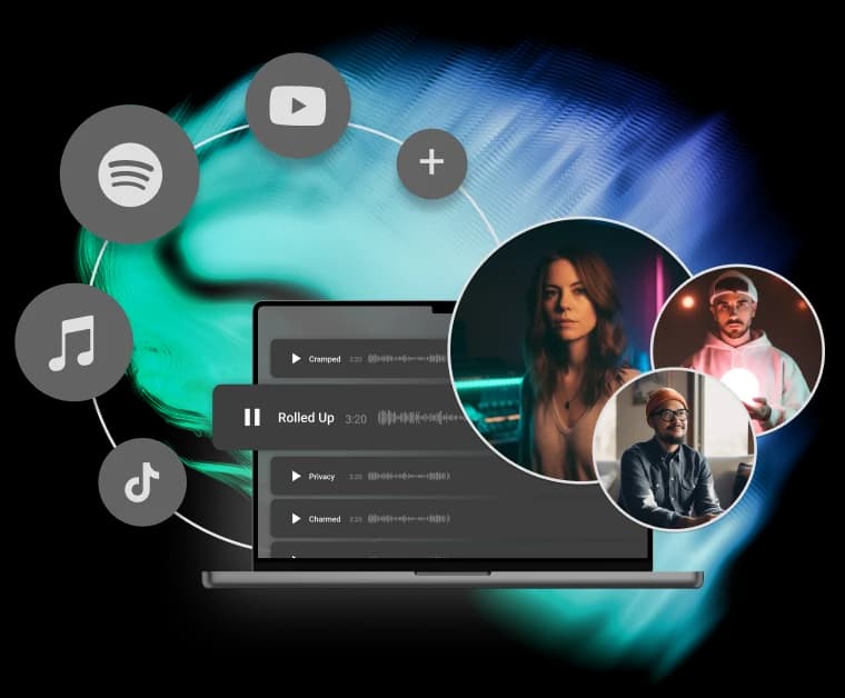 Loudly distribution dashboard illustration showing a macbook with Spotify, TikTok, YouTube, and other platform logos