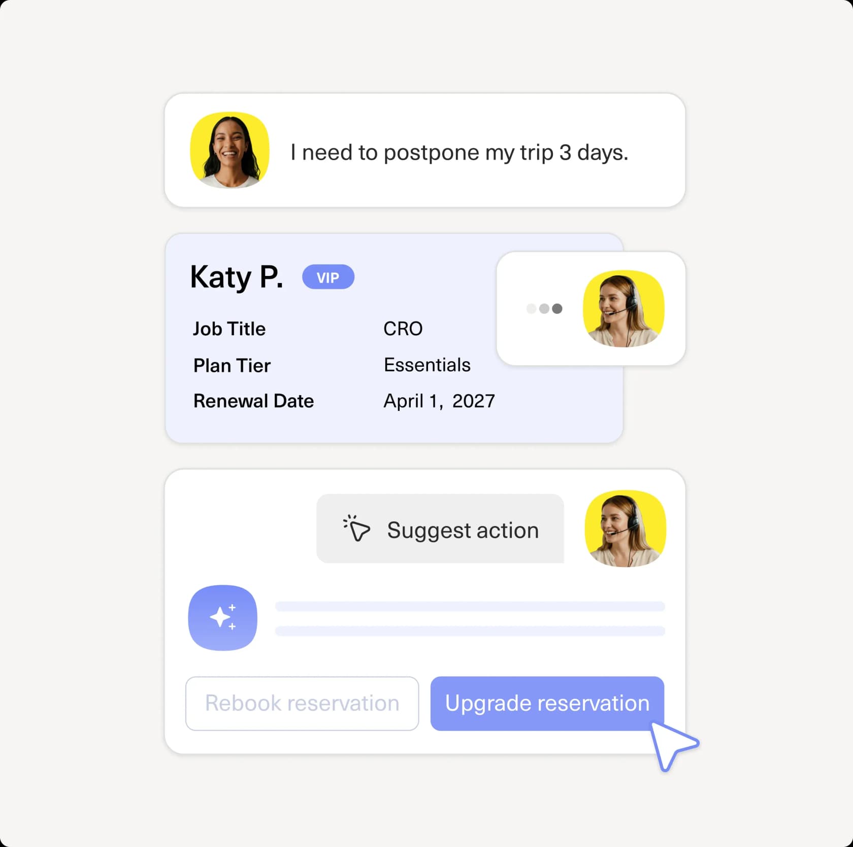 A Kustomer agent view with a VIP customer profile card and an AI suggested-action panel, as taken from Kustomer