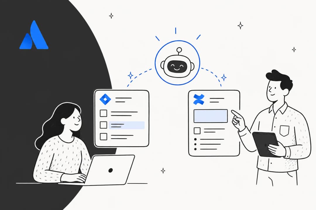 Editorial illustration of Atlassian's AI assistant bridging a Confluence page and a Jira board, with a chat panel and citation chip in the middle.