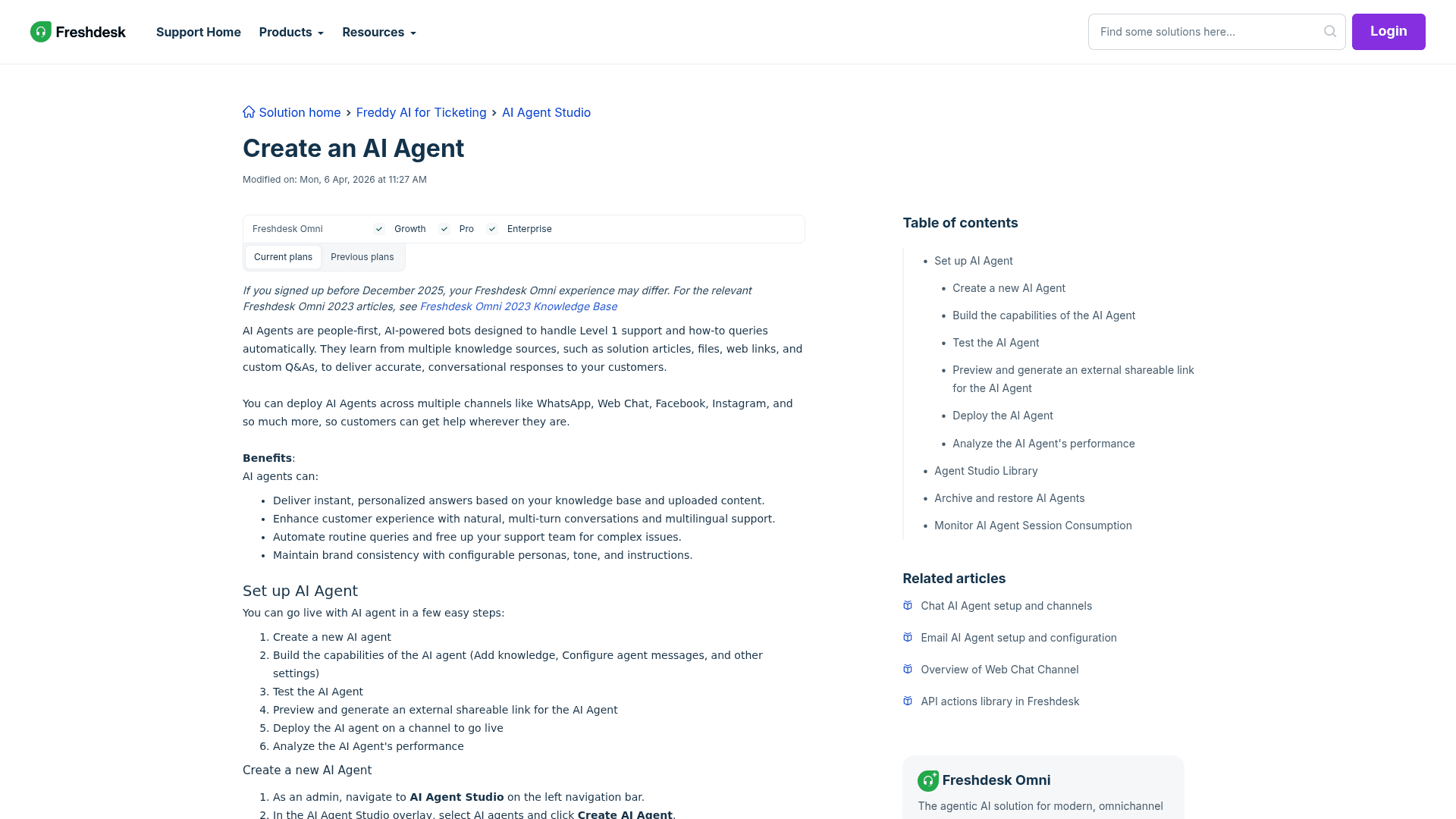 The official Freshdesk help doc for creating an AI Agent, as taken from the Freshdesk support center