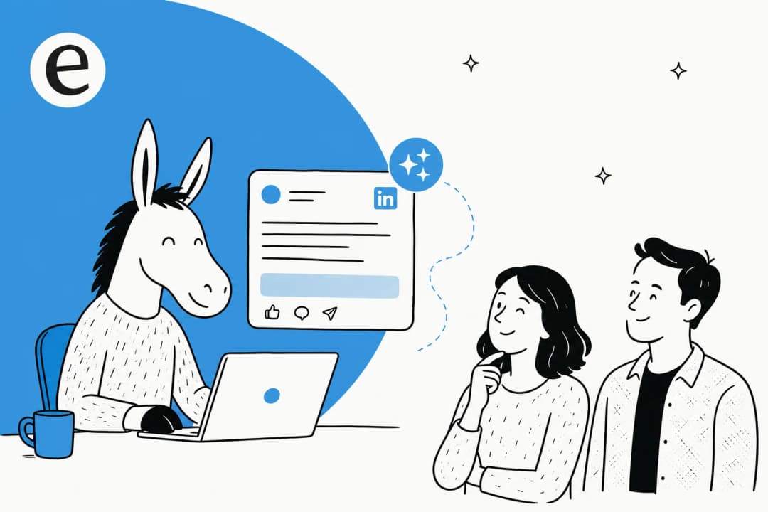 Editorial illustration of a person writing a LinkedIn post with help from an AI assistant