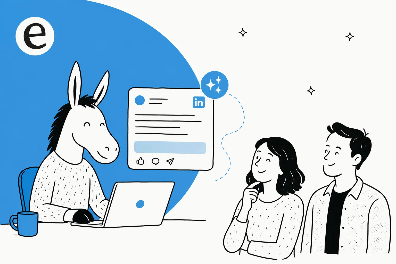Editorial illustration of a person writing a LinkedIn post with help from an AI assistant