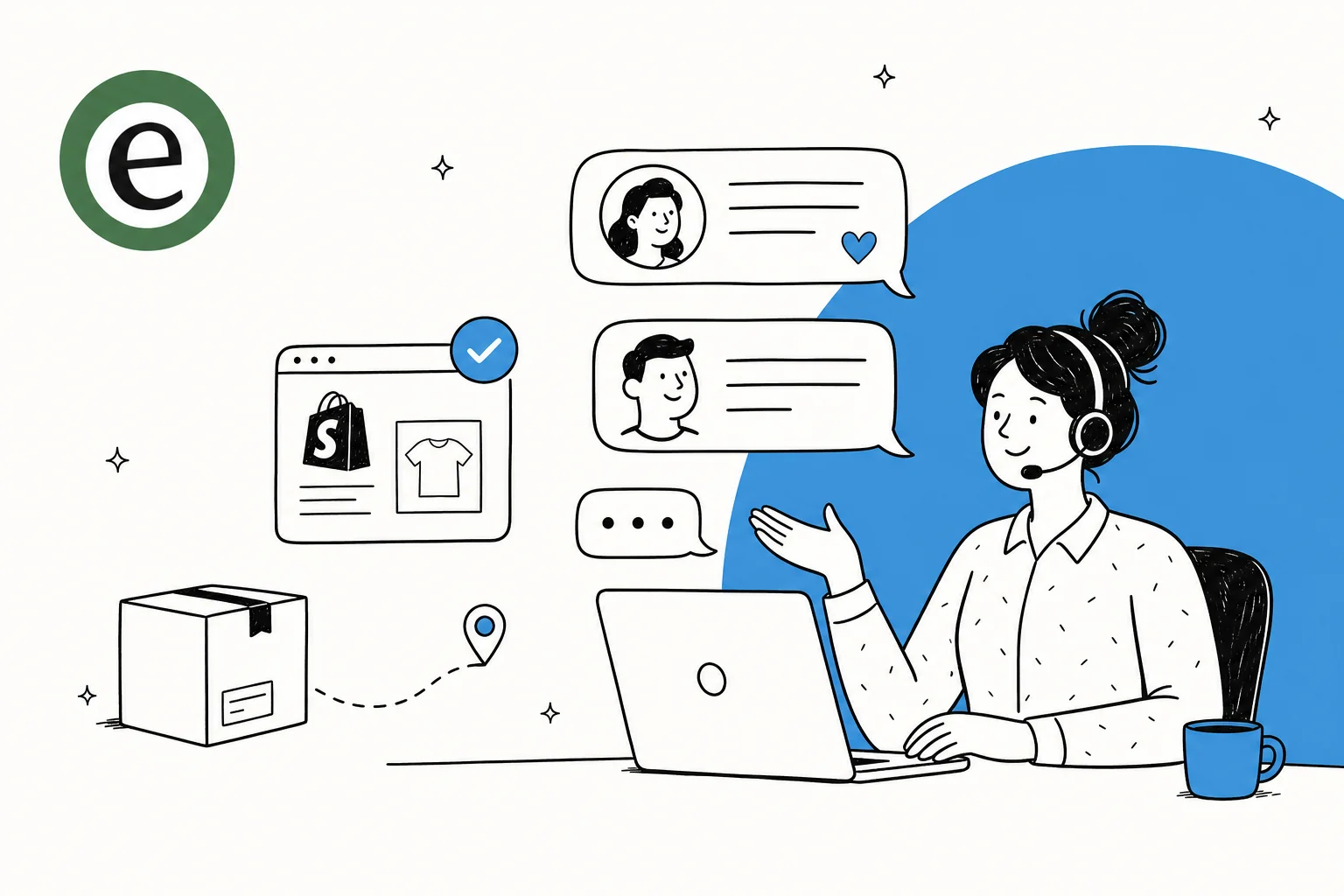 Illustration of an ecommerce support agent handling chat, order tracking, and a Shopify storefront