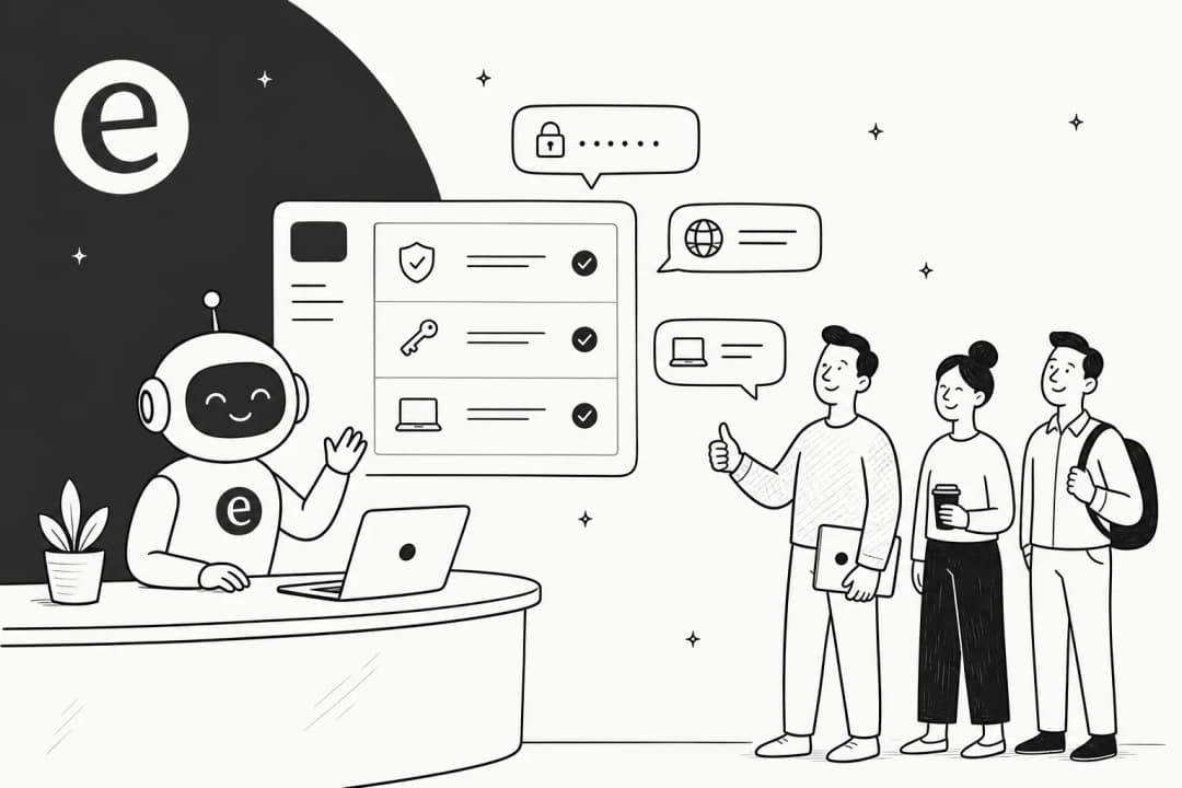 Hero illustration of a calm AI helper handling internal IT support chat bubbles for a small queue of employees