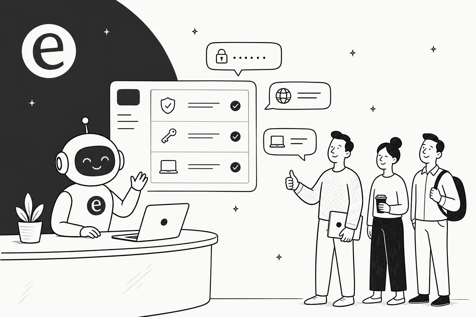 Hero illustration of a calm AI helper handling internal IT support chat bubbles for a small queue of employees