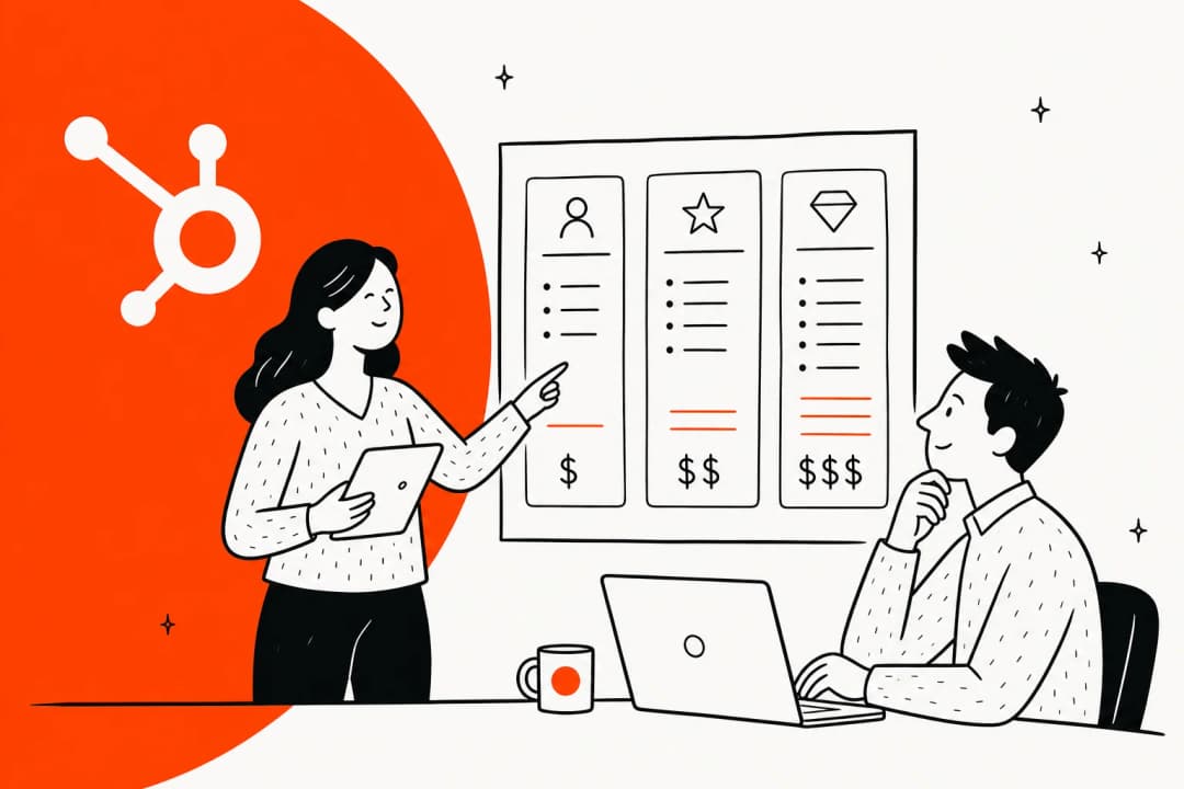HubSpot pricing in 2026, illustrated as a sales rep walking a buyer through tiered plan cards