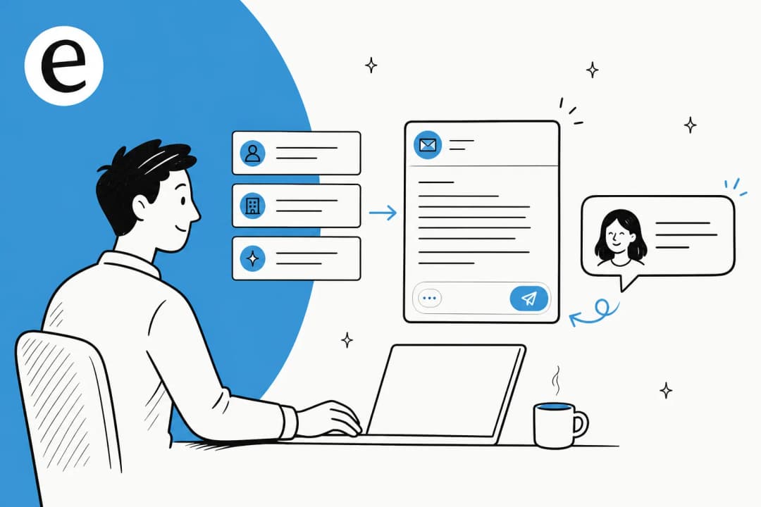Illustration of a person feeding a few sparse inputs into an AI email composer that outputs a personalized cold email, with a prospect's reply bubble appearing alongside